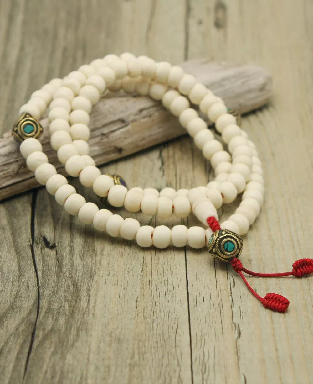 108 Bone Bead Mala with Inlaid Counter Beads