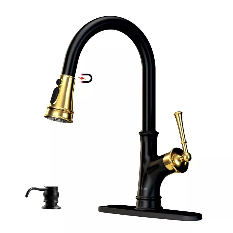133BBNG Pull Down Kitchen Faucet Black & Gold Sprayer with Soap Dispenser