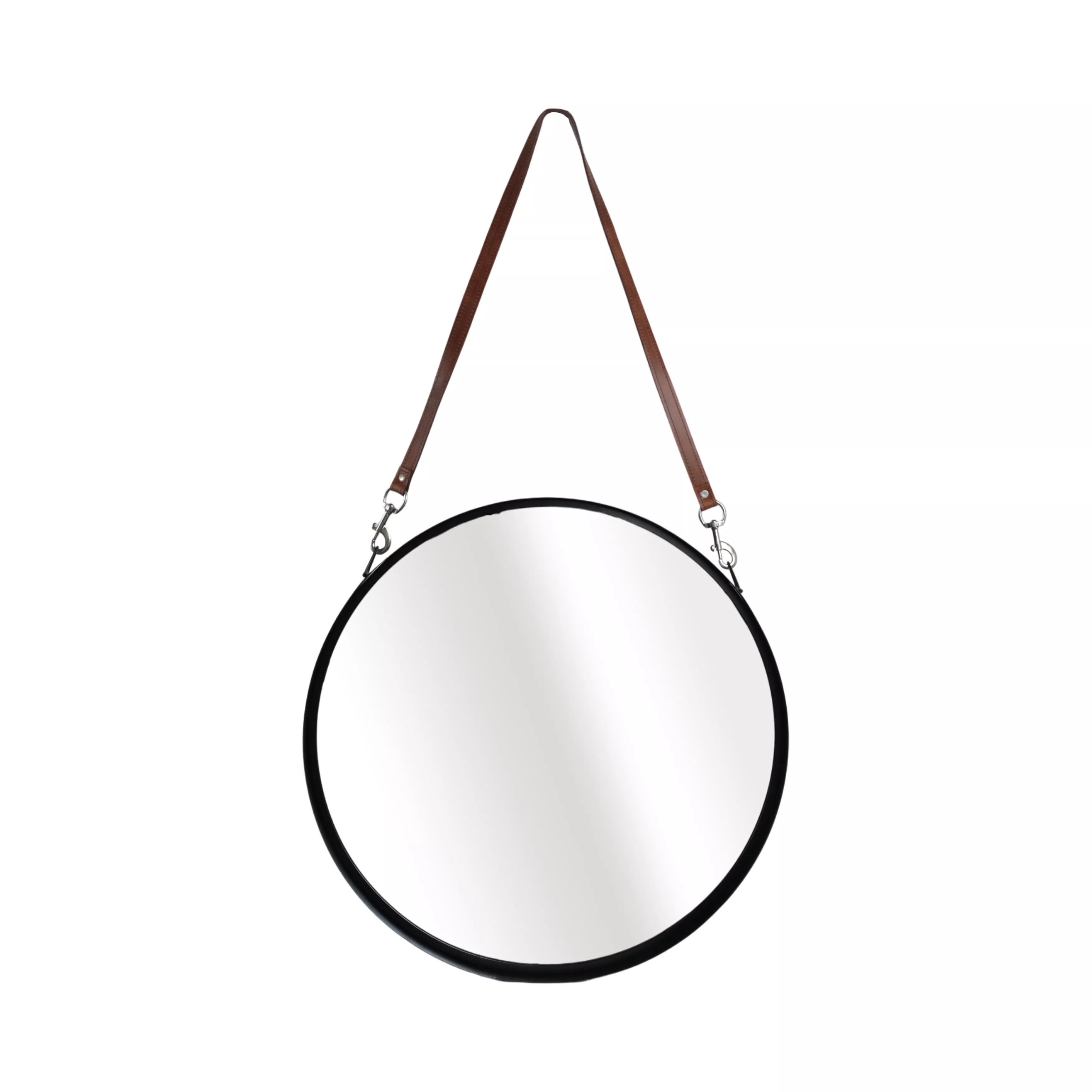28" Round Mirror W/ Leather Strap, Black