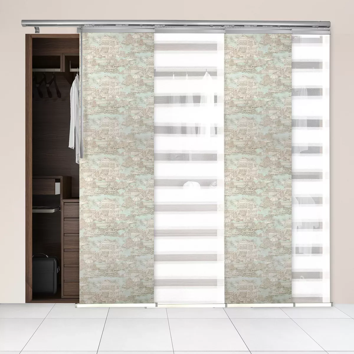 4-Panel Single Rail Panel Track Blind Extendable 48"-88"W x 91.4"H, Panel width 23.5", Lotus, Cornsilk