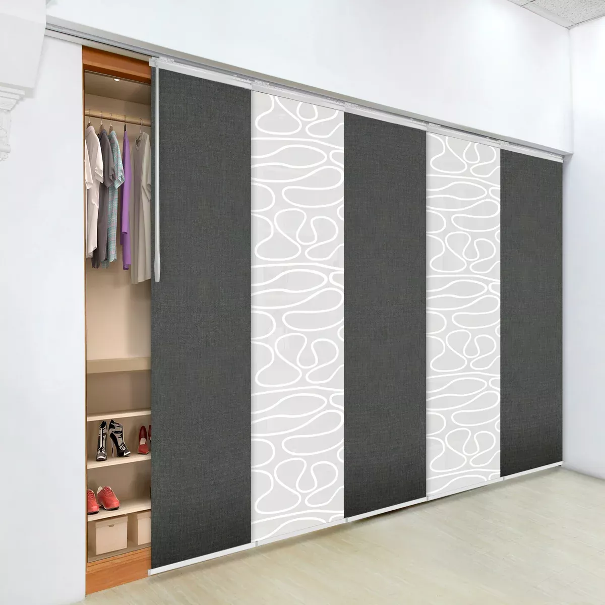 5-Panel Single Rail Panel Track Blind Extendable 58"-110"W x 91.4"H, Panel width 23.5", Shattered, Spruce