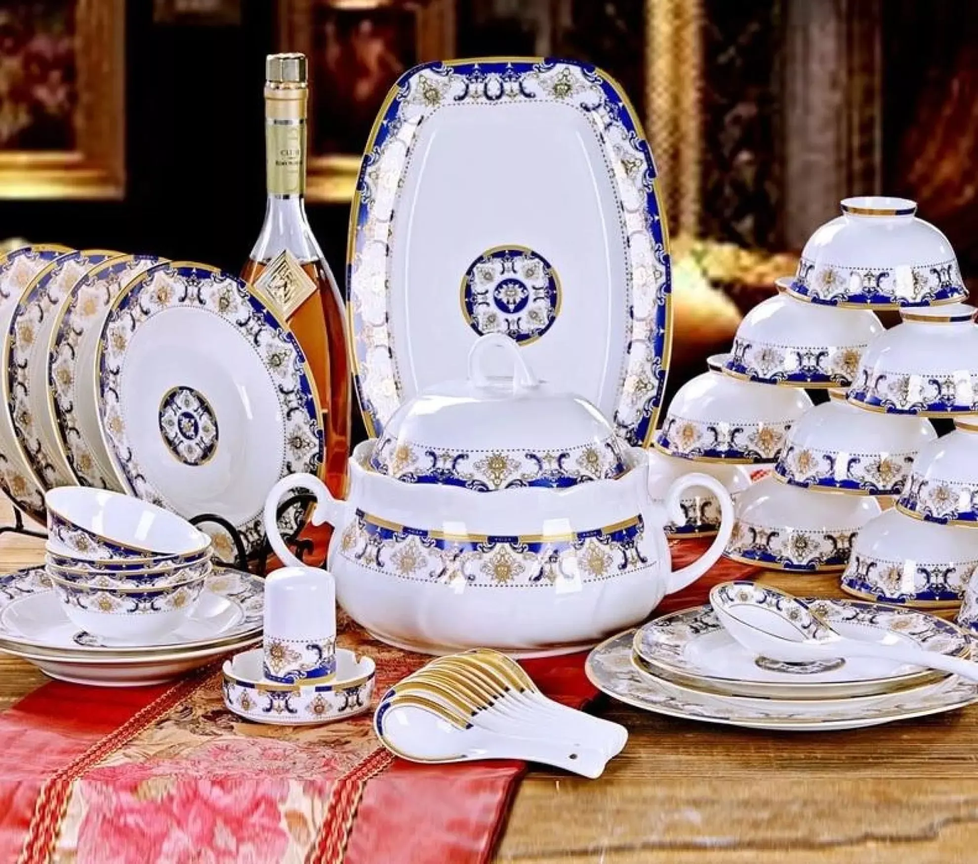56Pcs Ceramic Blue Shine Dinnerware Set