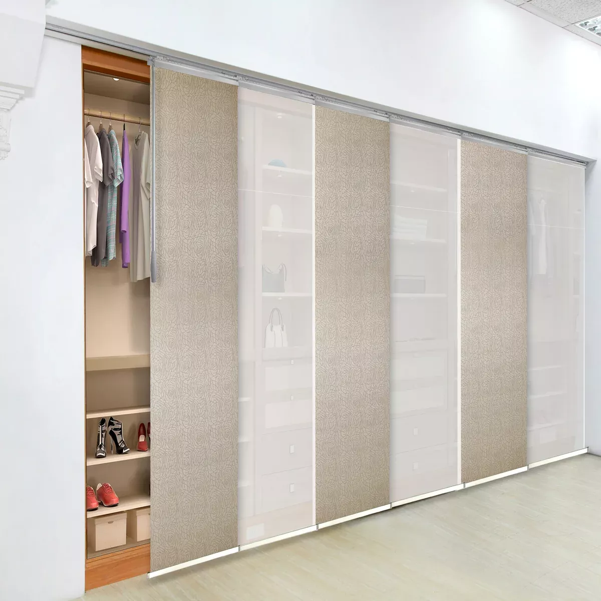 6-Panel Single Rail Panel Track Blind Extendable 70"-130"W x 91.4"H, Panel width 23.5", Lotus, Iris