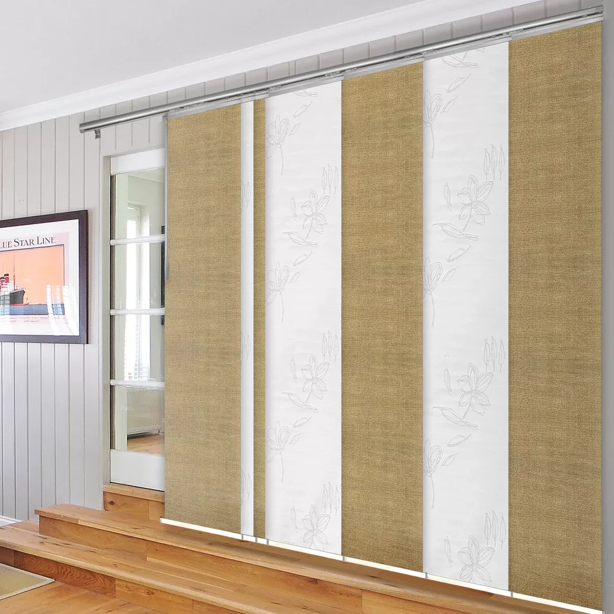 7-Panel Single Rail Panel Track Extendable 110"-153"W x 91.4"H, Panel width 23.5", Lotus, Cornsilk