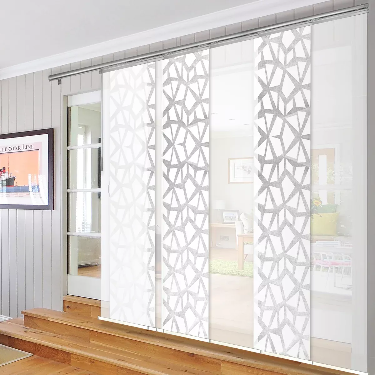 7-Panel Single Rail Panel Track Extendable 110"-153"W x 91.4"H, Panel width 23.5", Shattered, Woven Gray