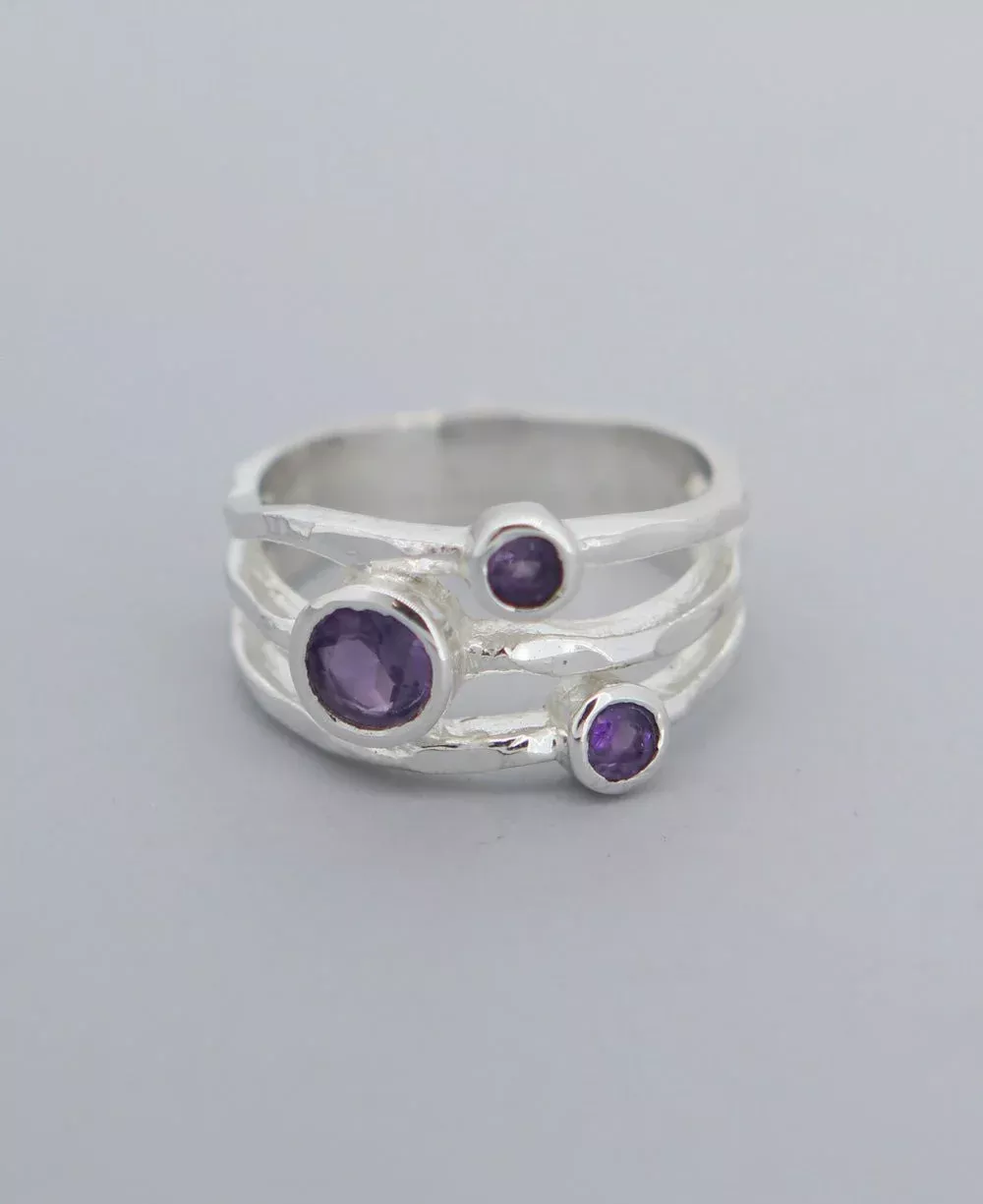 Amethyst Triple Gemstone Ring, Sterling Silver