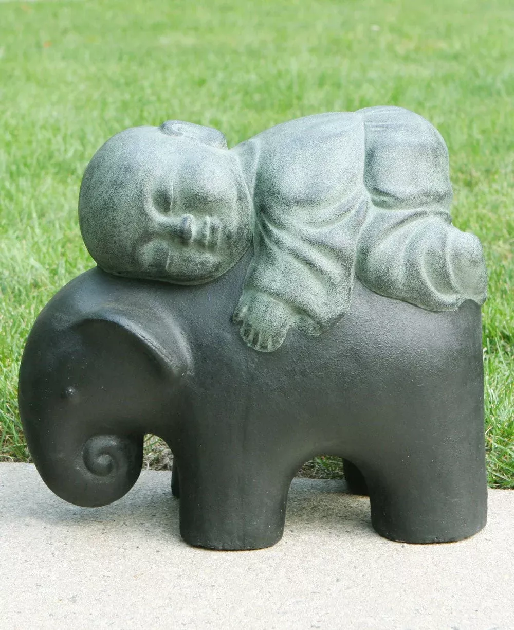 Baby Monk and Elephant Garden Statue