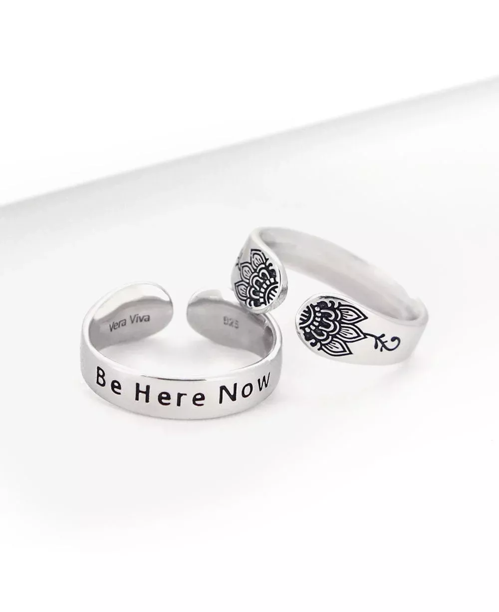 Be Here Now Adjustable Inspirational Sterling Silver Ring