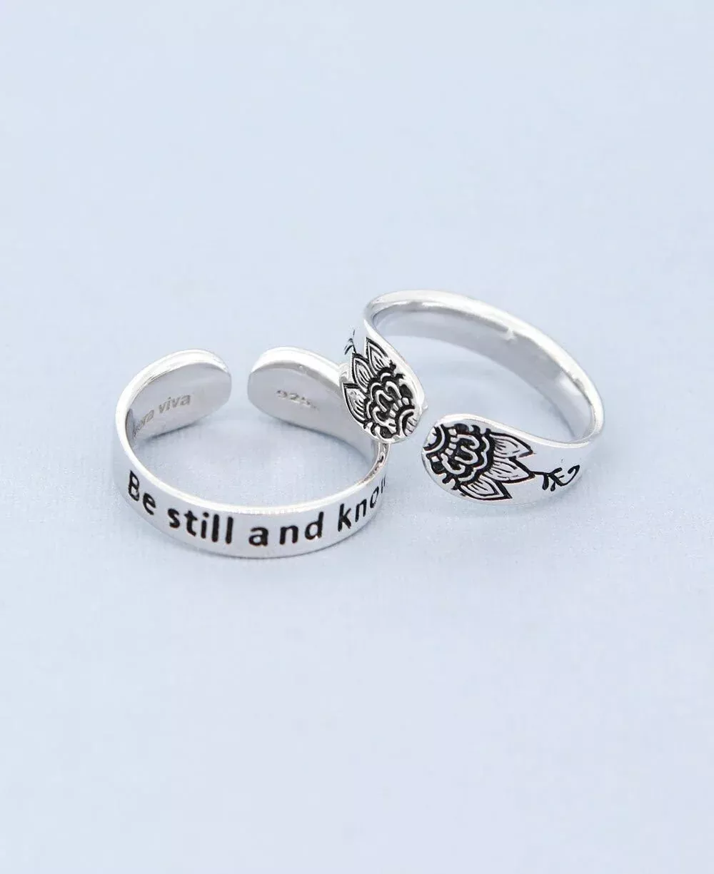 Be Still and Know Adjustable Inspirational Sterling Silver Lotus Ring