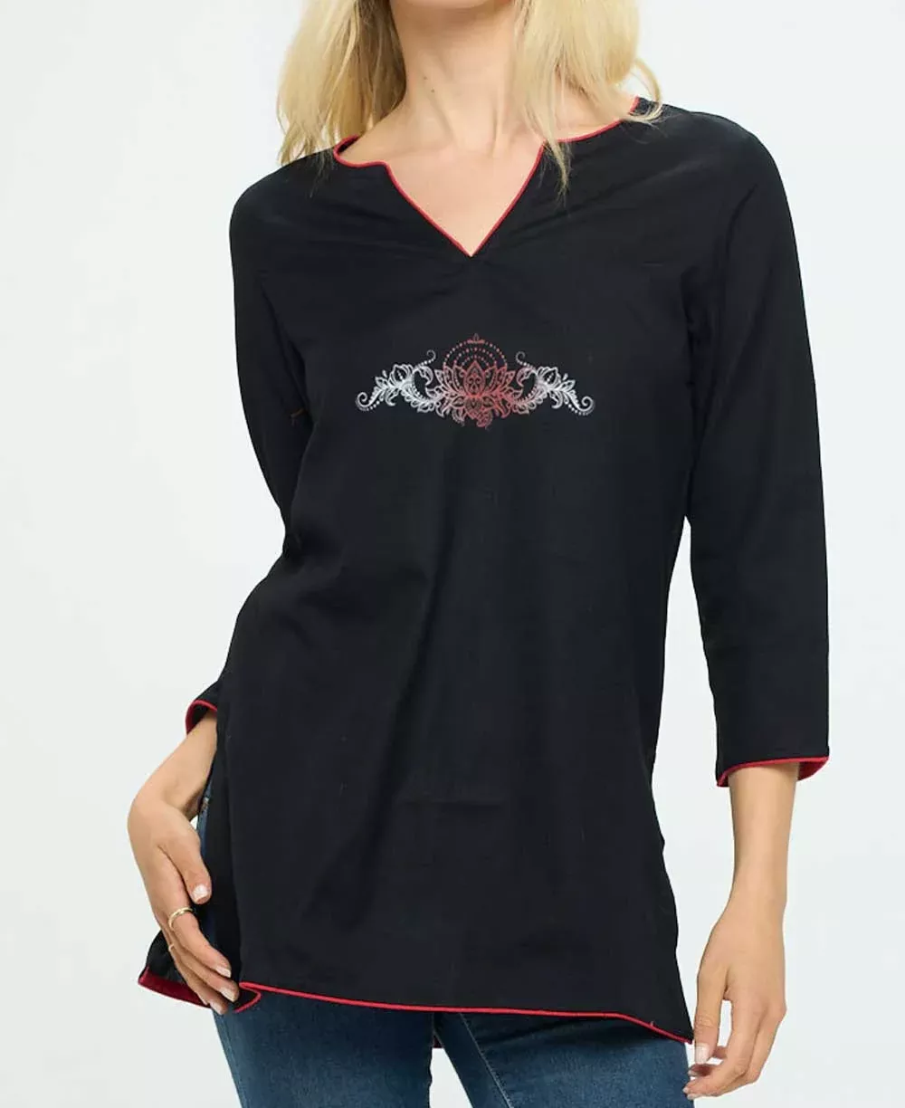Black Cotton Tunic Top with Meaningful Lotus Design