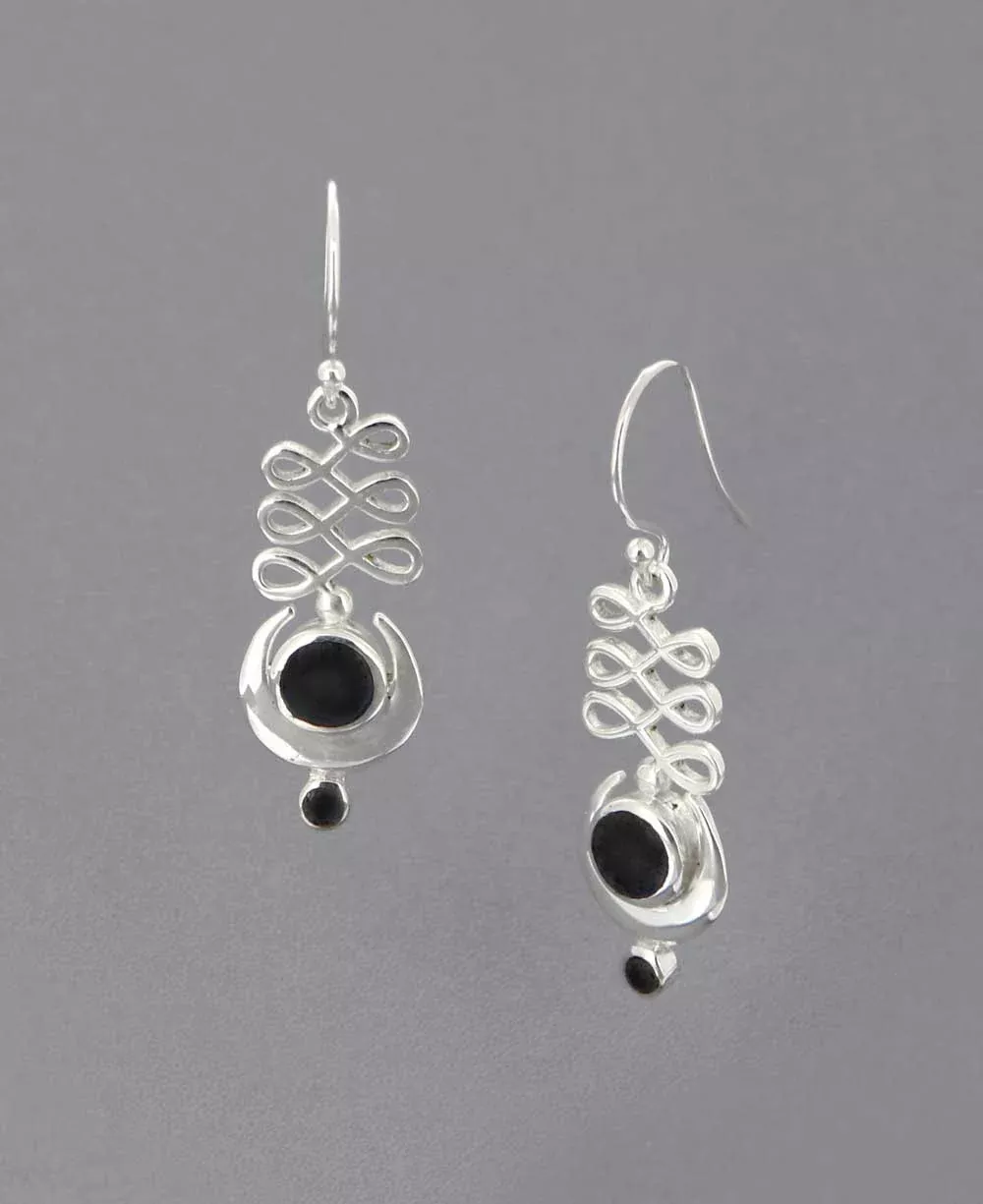 Black Onyx and Sterling Silver Unalome Moon Earrings