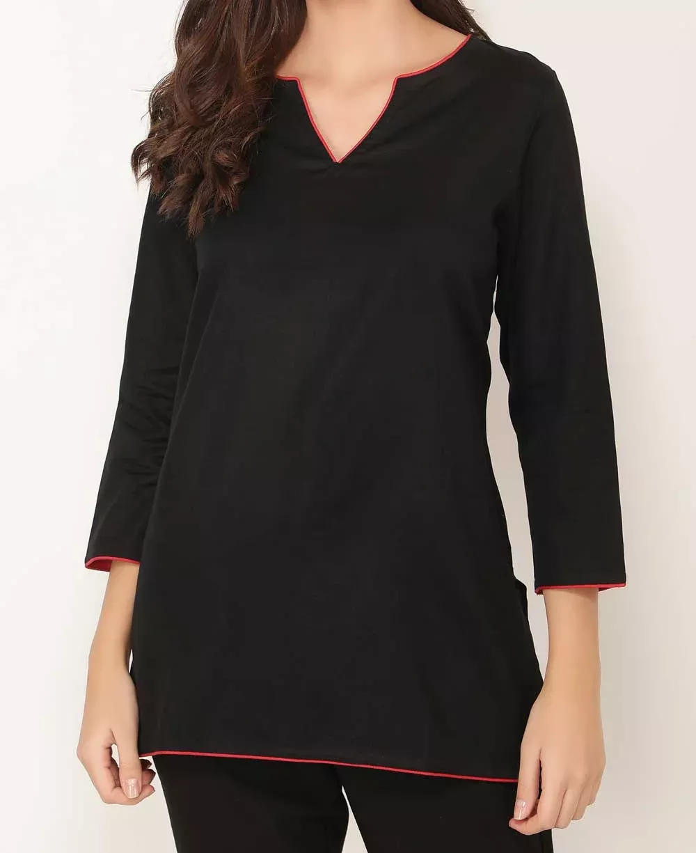 Black And Red Woven Cotton Tunic Top