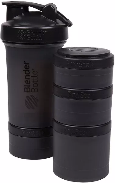 BlenderBottle ProStak 22 Oz Bottle with 6 Piece Twist n’ Lock Storage Set, Black