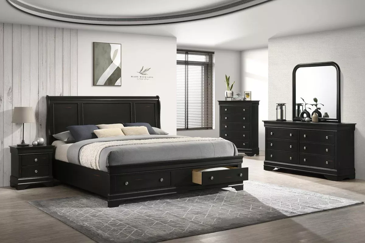 BR0393 Antique Black 5 Pc Storage Bedroom Sets
