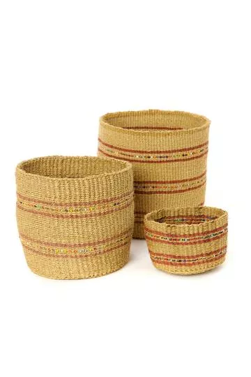Caramel Petite Set of Three Sisal Baskets with Colorful Beads