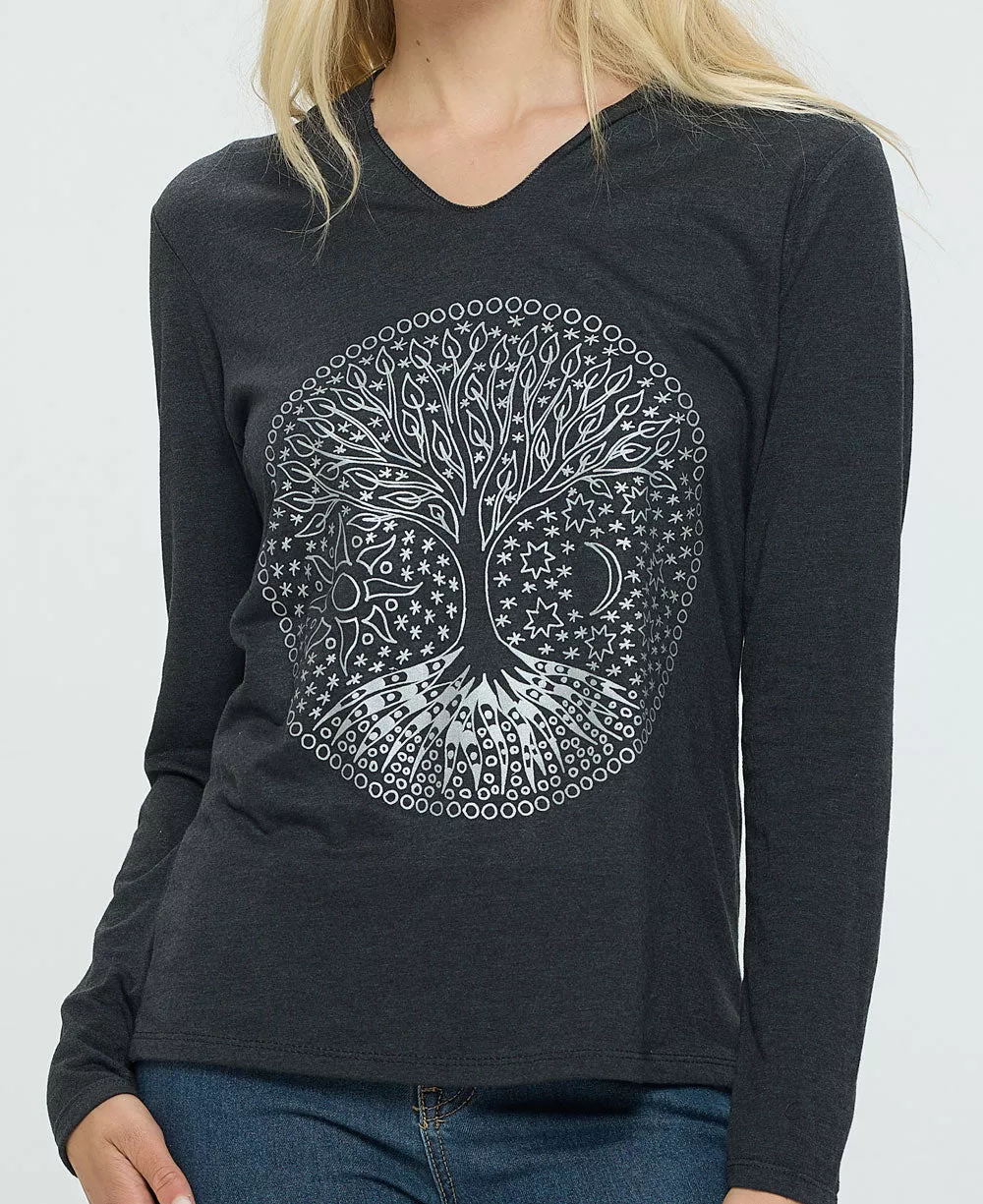 Celestial Tree of Life Boho Long Sleeve Lightweight Hooded Tee