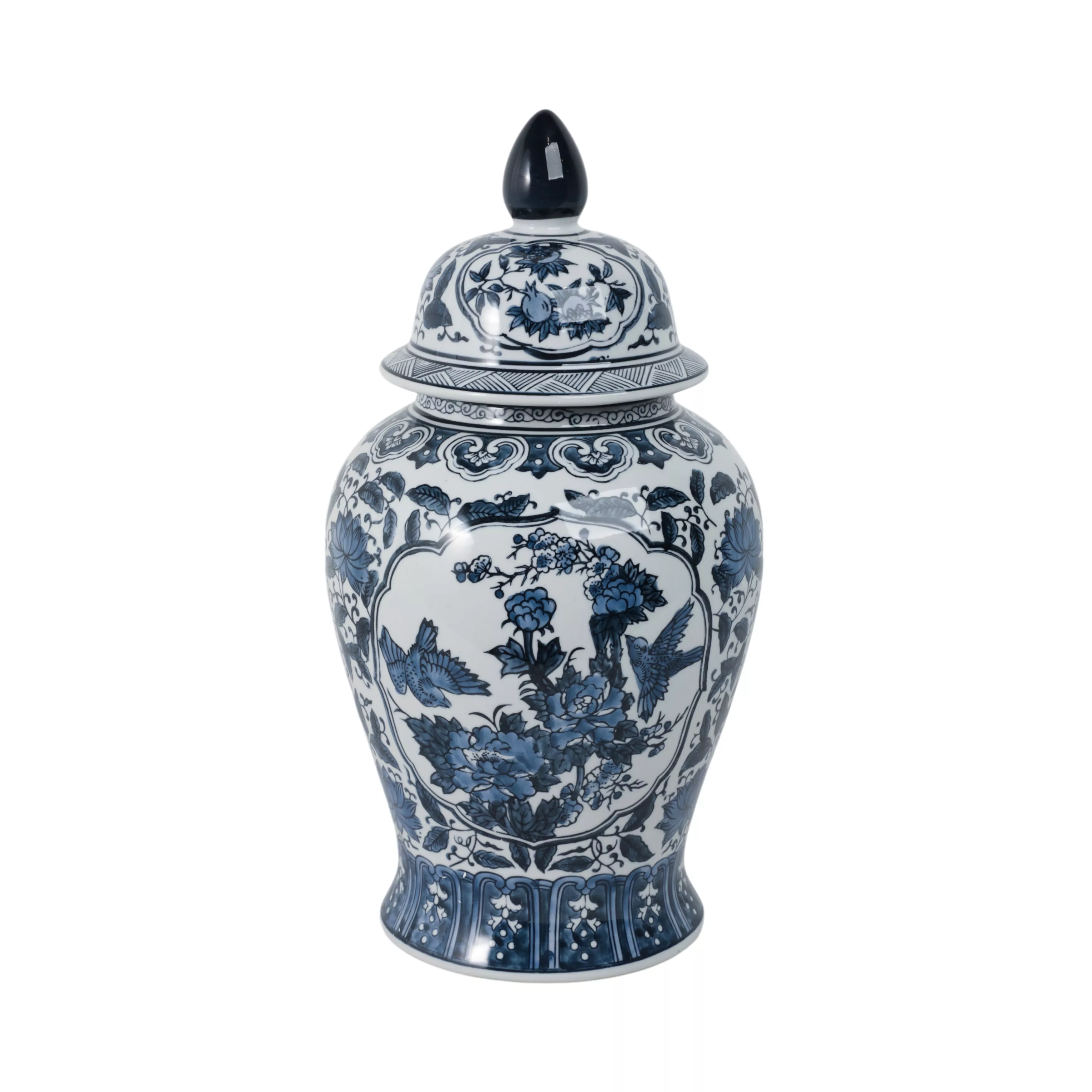 Cer, 18"h Flowers Temple Jar, Blue