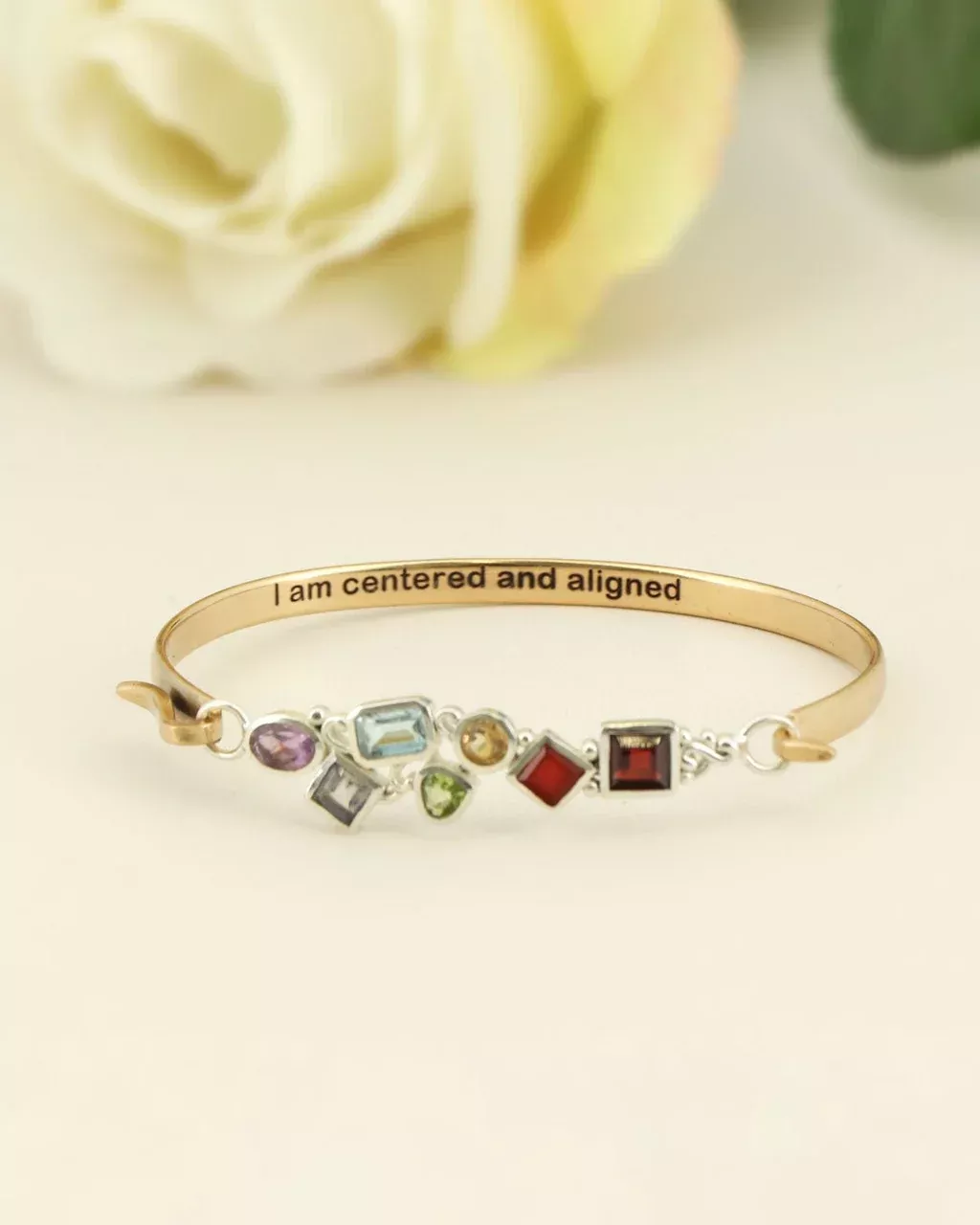 Chakra Alignment Gemstone Cuff – Sterling Silver & Bronze Bracelet with 7 Chakra Stones