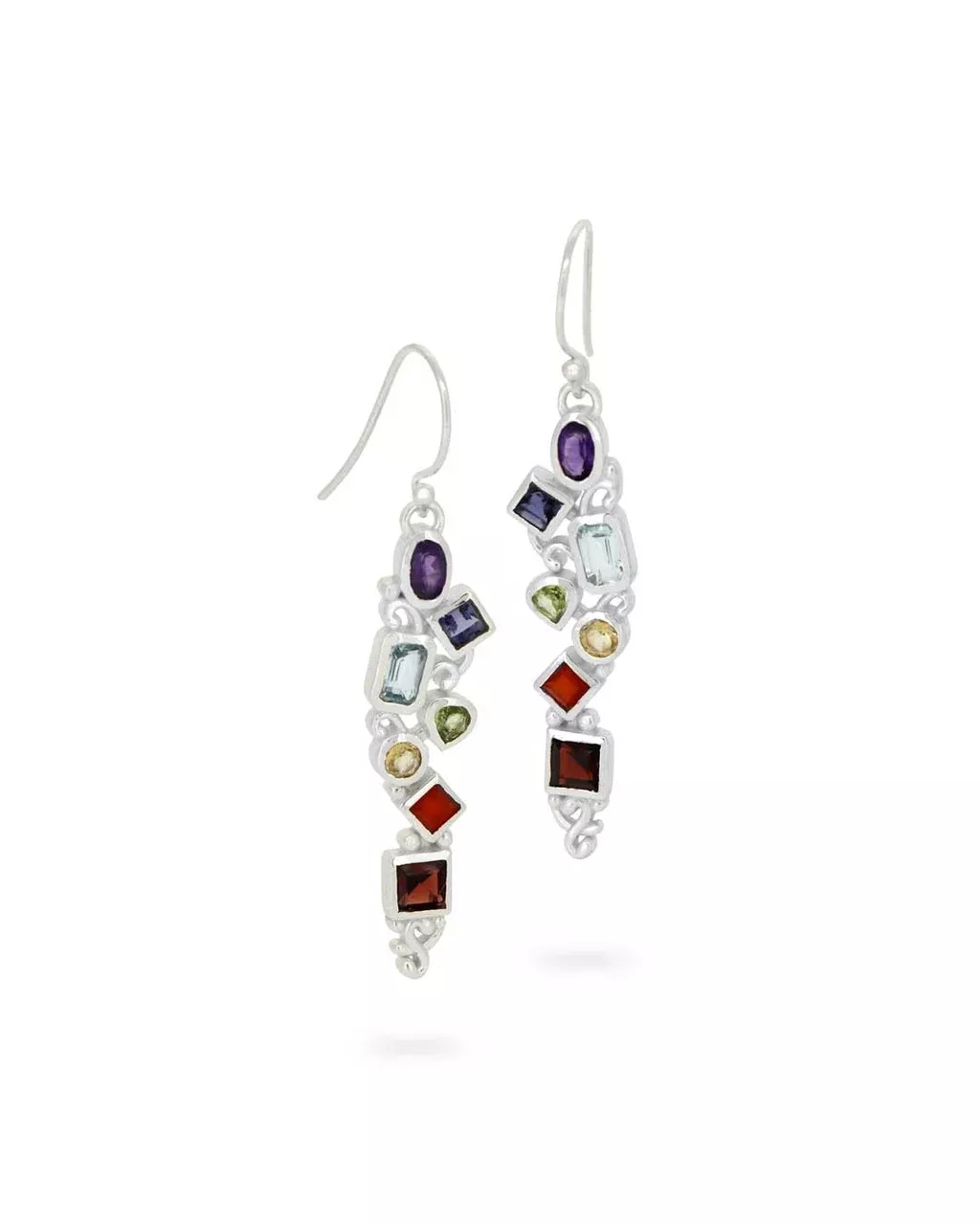 Chakra Rainbow Silver Geometric Multi-Gemstone Dangle Earrings