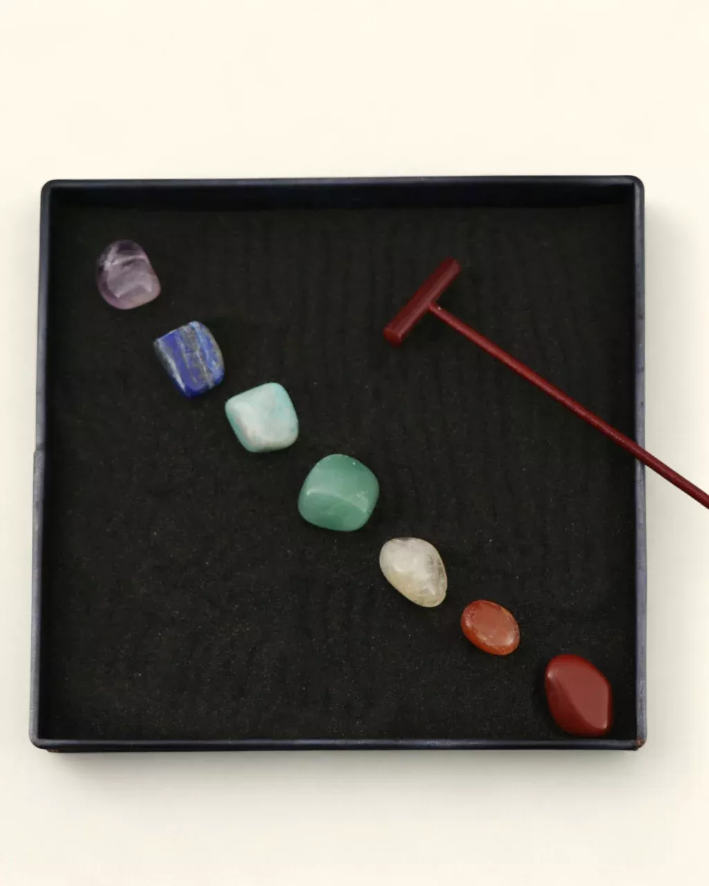 Chakra Stone Zen Garden – Mini Tabletop Meditation Kit with Black Sand and Rake