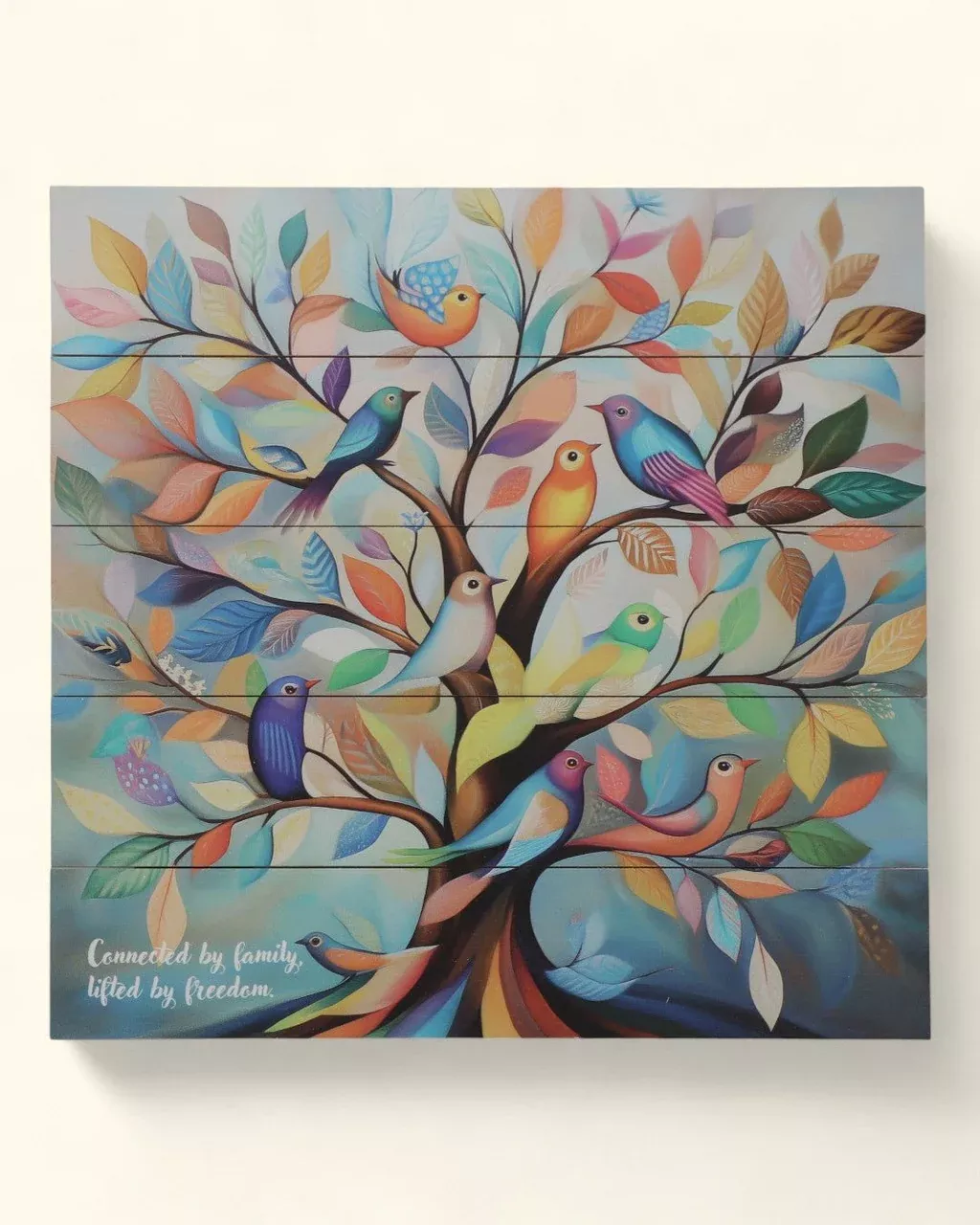 Colorful Family Tree of Life Wall Art – Multicolored Birds on Wood Panel with Quote