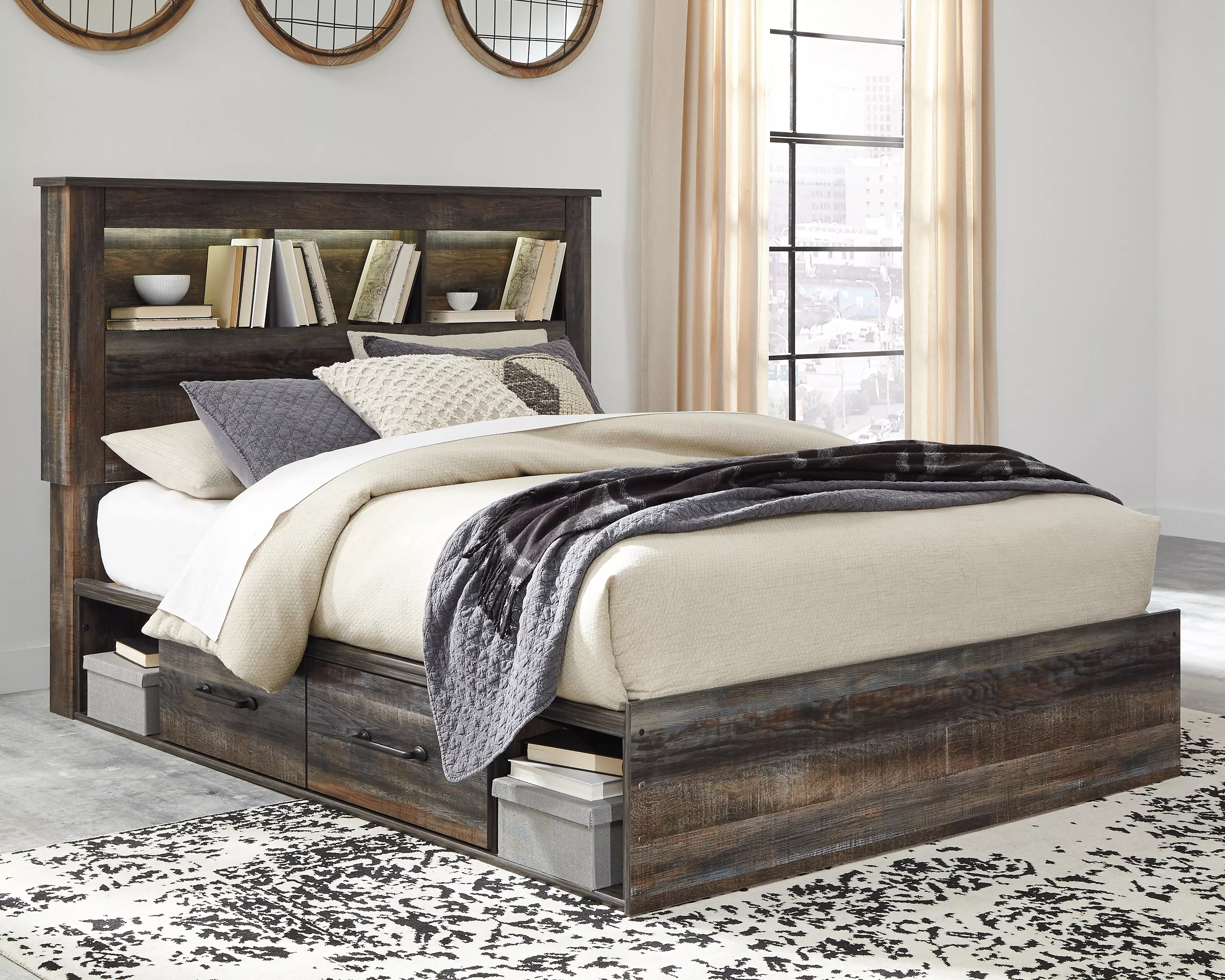 Drystan Queen Bookcase Bed with 4 Storage Drawers