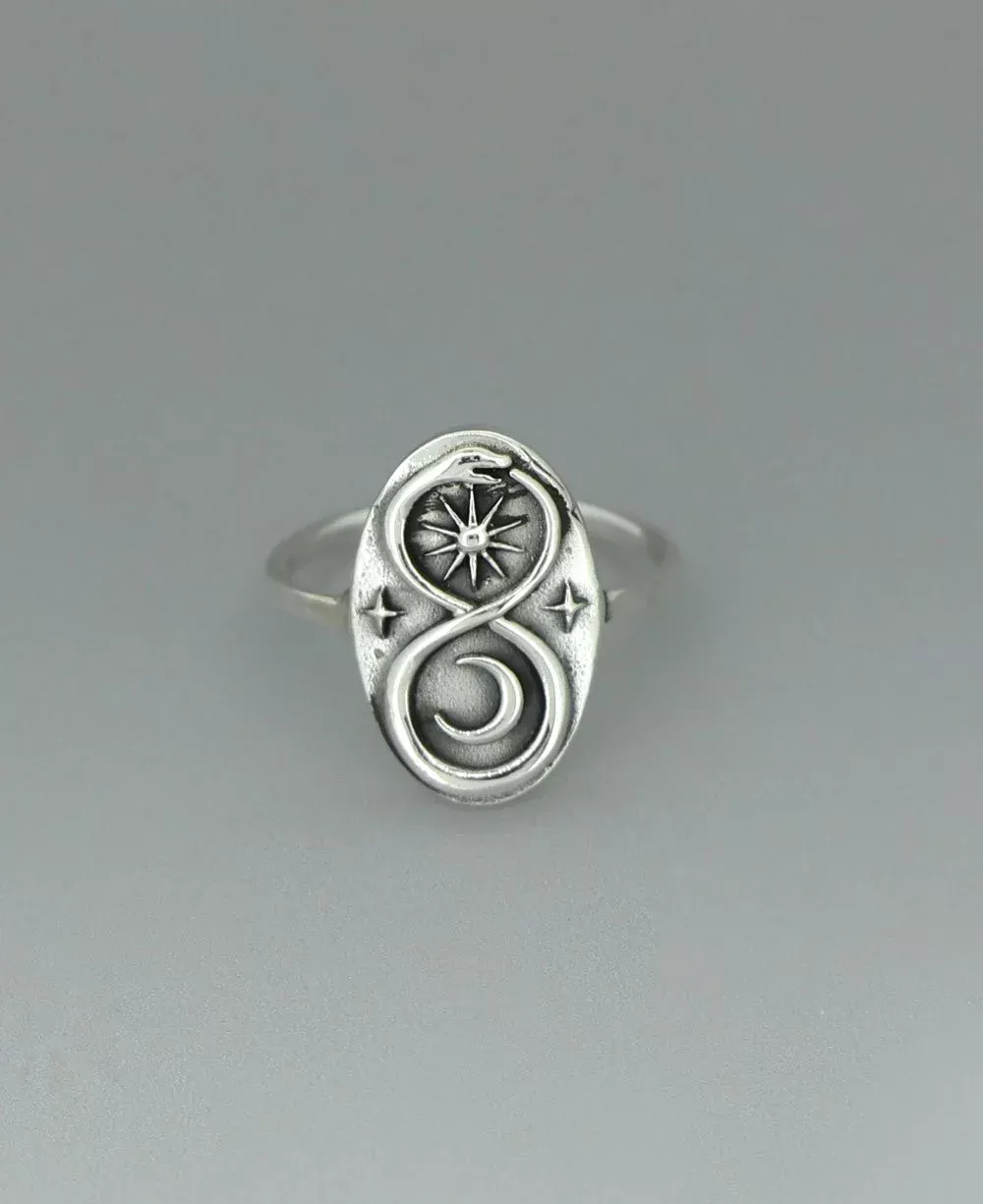 Endless Energy Sun and Moon Celestial Infinity Snake Sterling Silver Ring