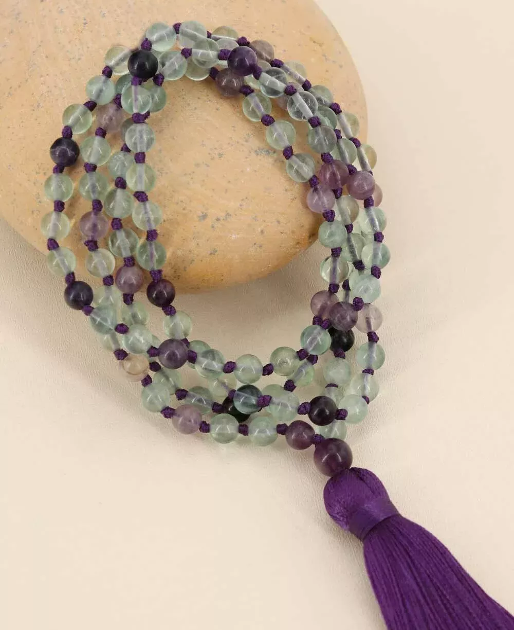 Fluorite Gemstone Meditation Mala, Knotted 108 Beads
