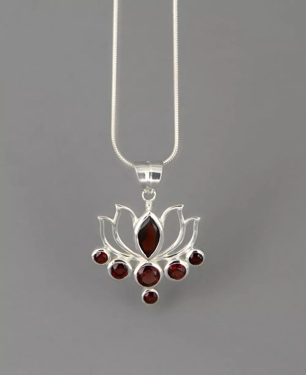 Garnet Lotus Pendant, Sterling Silver