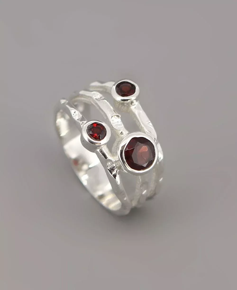 Garnet Triple Gemstone Ring, Sterling Silver