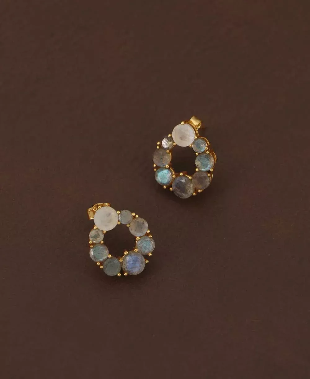 Gold Plated Labradorite Stud Earrings with Rainbow Moonstone