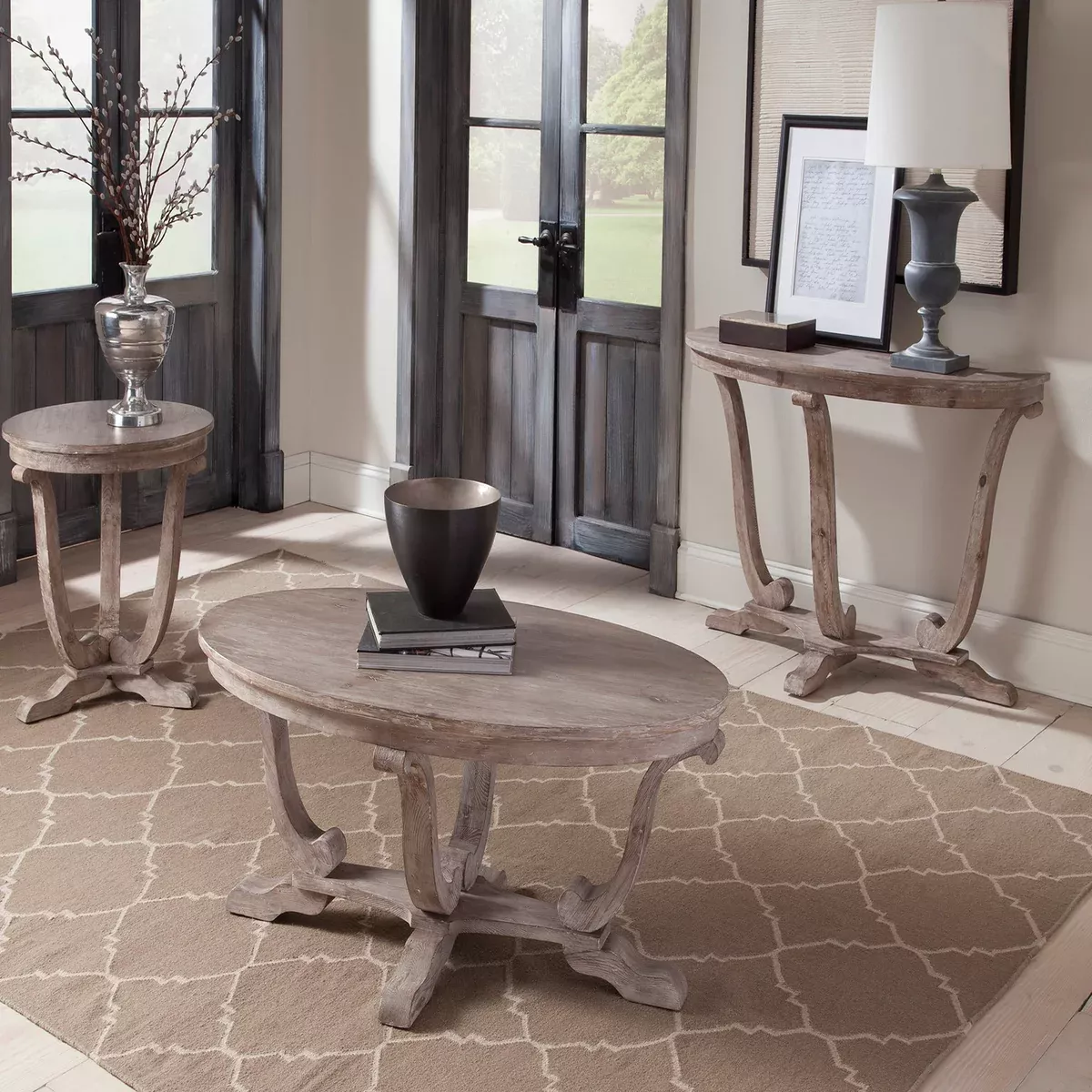Greystone Mill - 3 Piece Table Set (1 Cocktail 2 End Tables) - Stone White Wash / Wirebrush Distressing