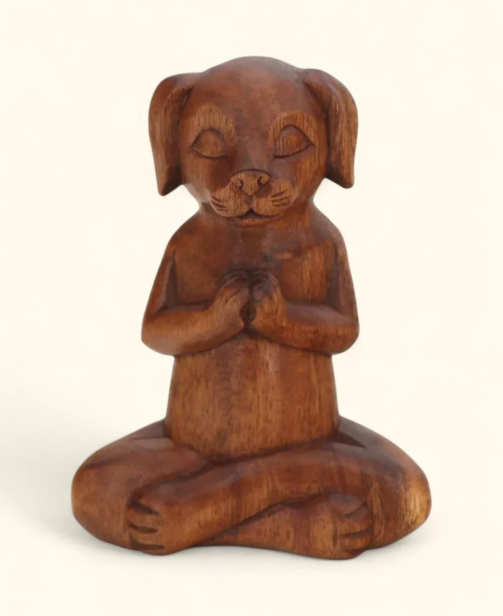 Hand Carved Meditating Namaste Dog Statue