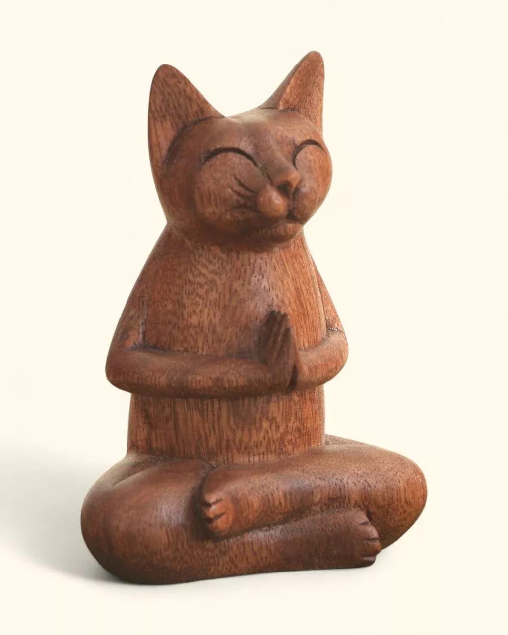 Hand Carved Praying Namaste Cat Statue