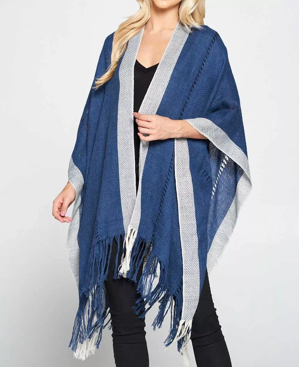 Hand Knit Alpaca Wool Poncho Wrap, Washed Blue