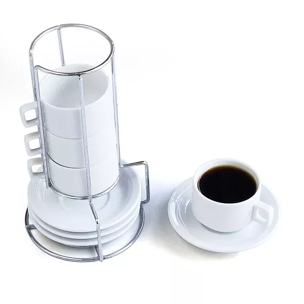 HIC 9-Piece Stackable Espresso Coffee Tea Set, Fine White Porcelain, Set Includes 4 (4-Ounce) Cups with Matching Saucers and Metal Stand, Gift Boxed