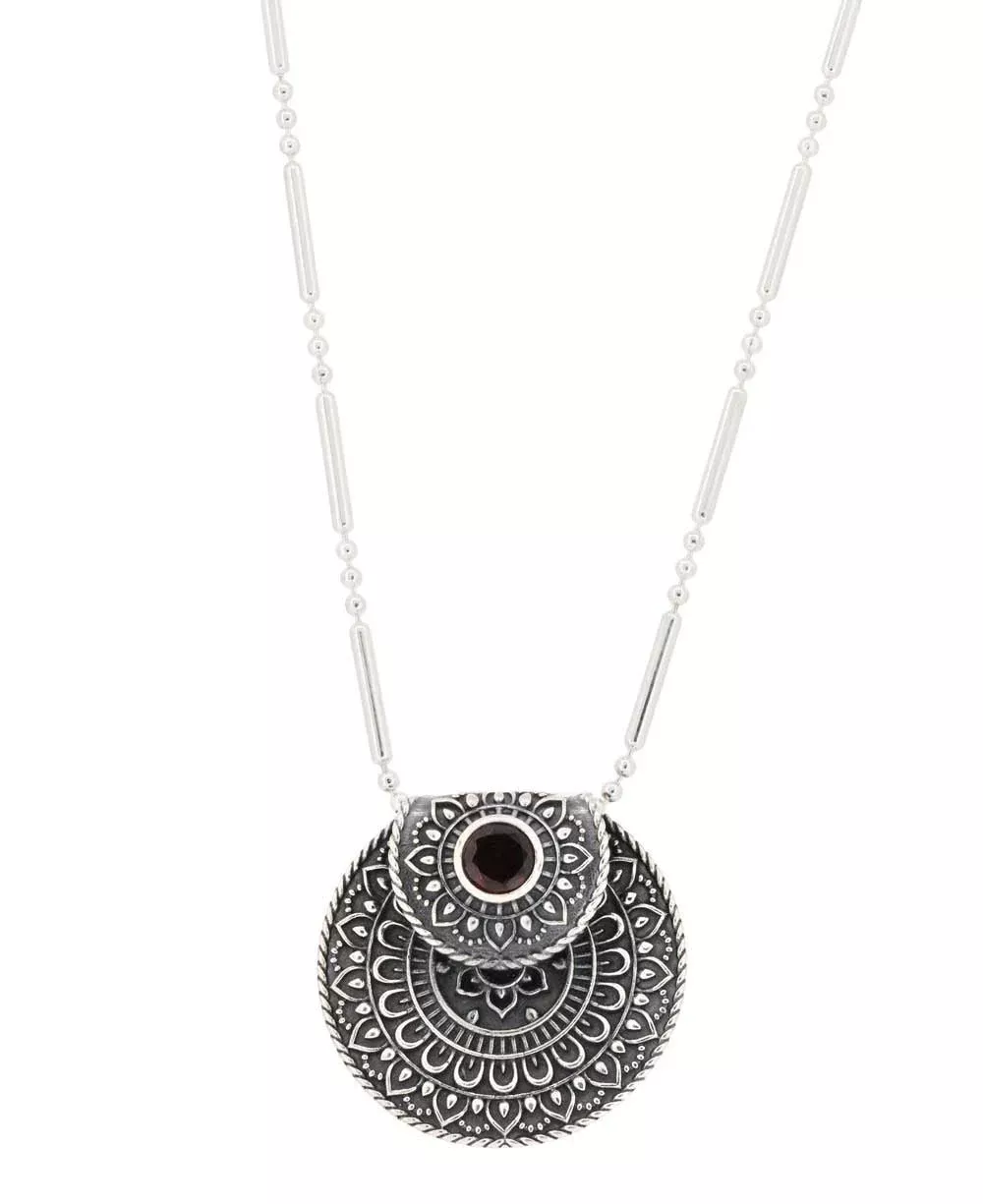 Inspirational Sterling Silver Mandala Necklace with Garnet