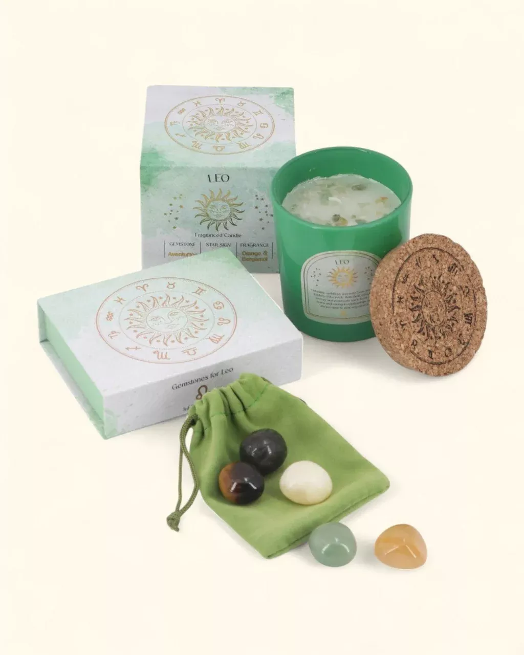 Leo Zodiac Candle & Crystal Tumblestone Set