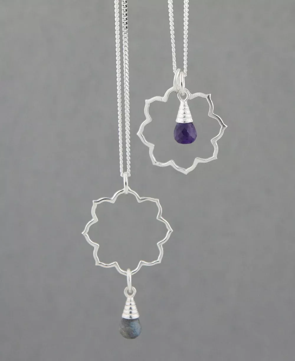 Lotus Gemstone Drop Necklace, Sterling Silver