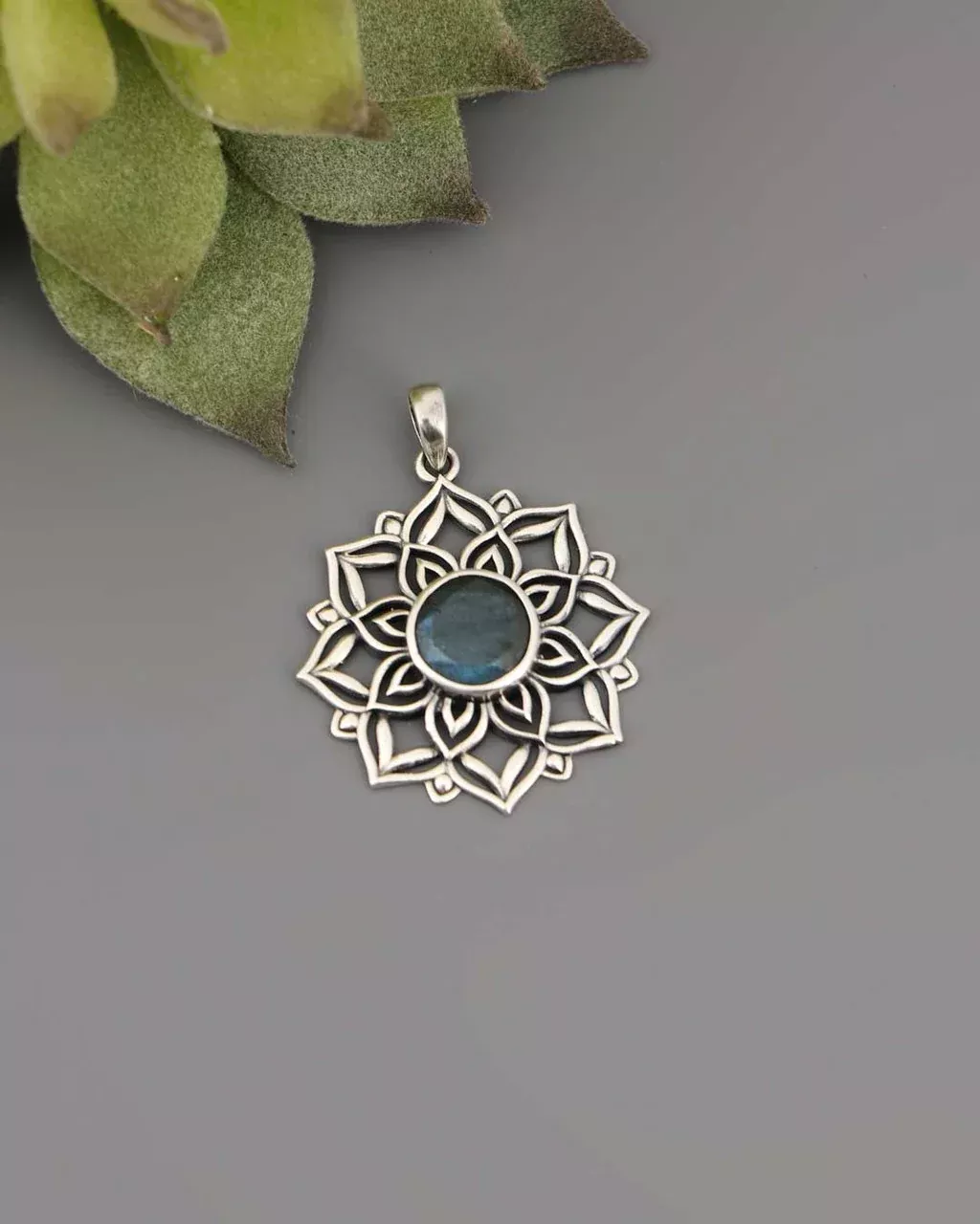 Lotus Mandala Pendant with Labradorite Gemstone – Sacred Symbol of Intuition and Light