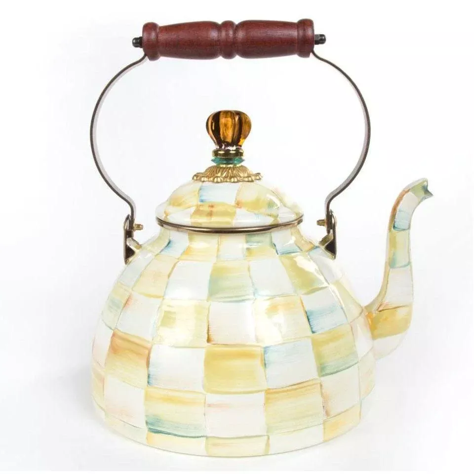 MacKenzie Childs Parchment Check Tea Kettle 3 QT