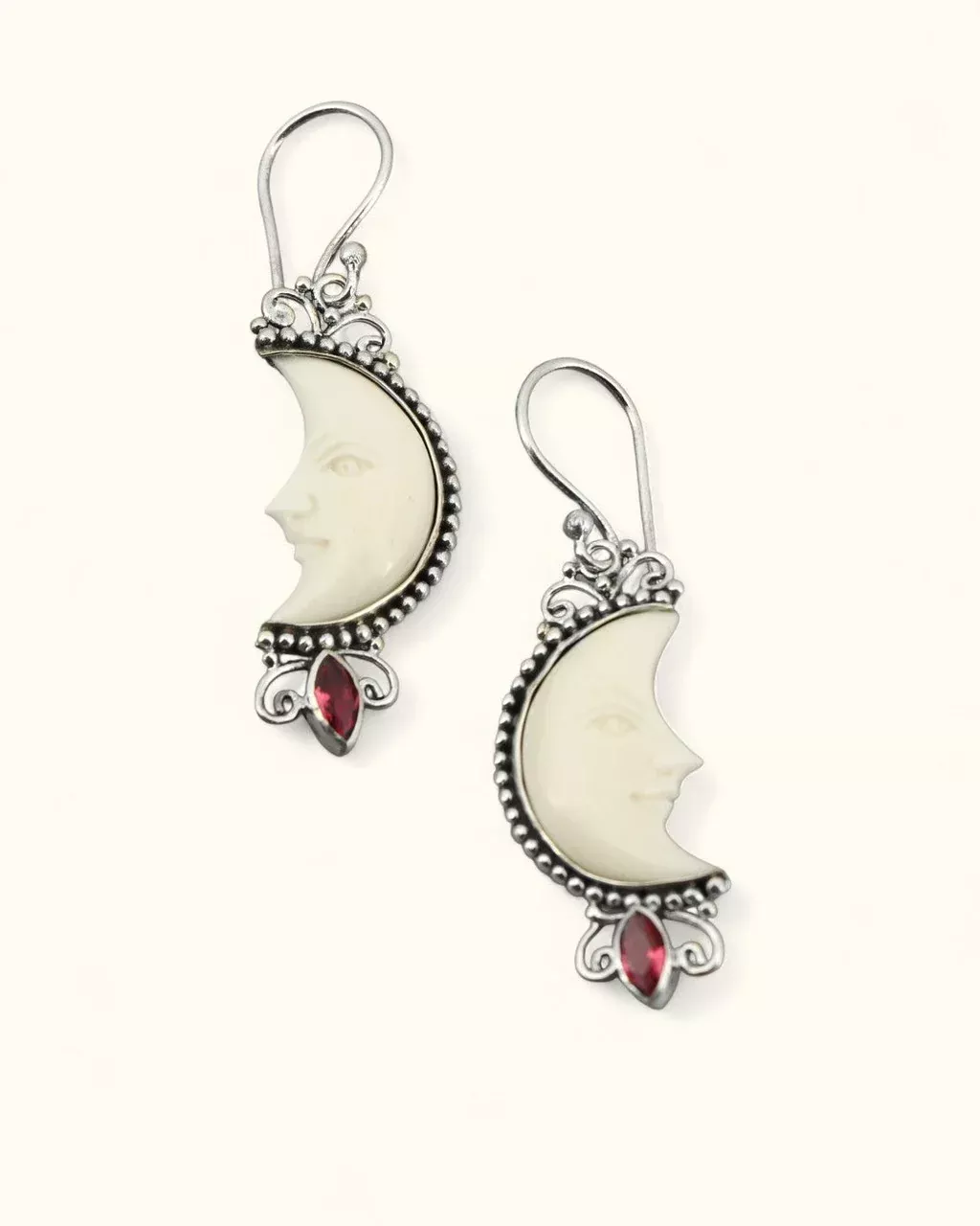 Moon Face Earrings – Sterling Silver with Bone and Ruby Light Stone, Hand-Carved in Bali