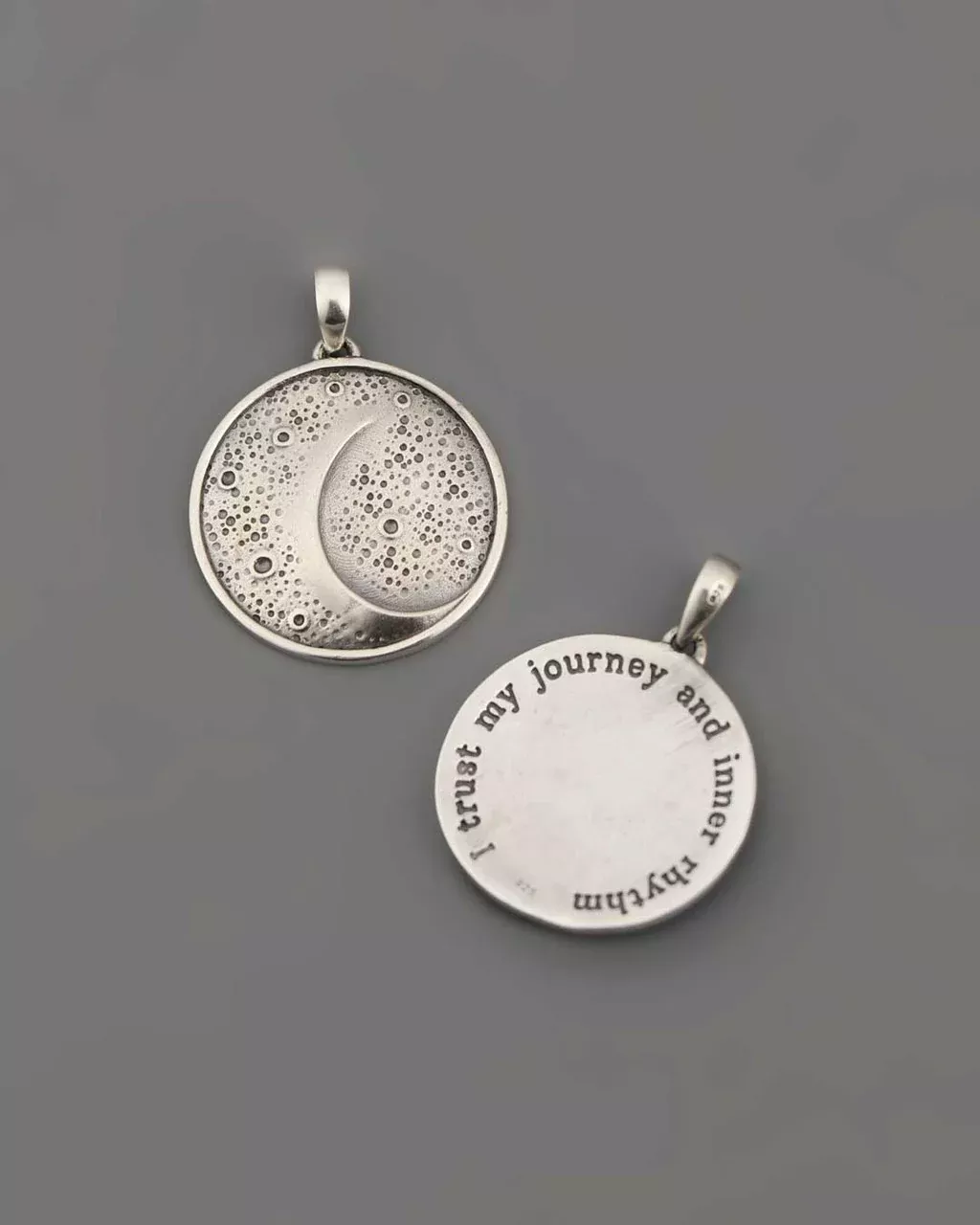 Moon Phase Rhythm Silver Pendant – Etched Lunar Texture with Inspirational Back Engraving