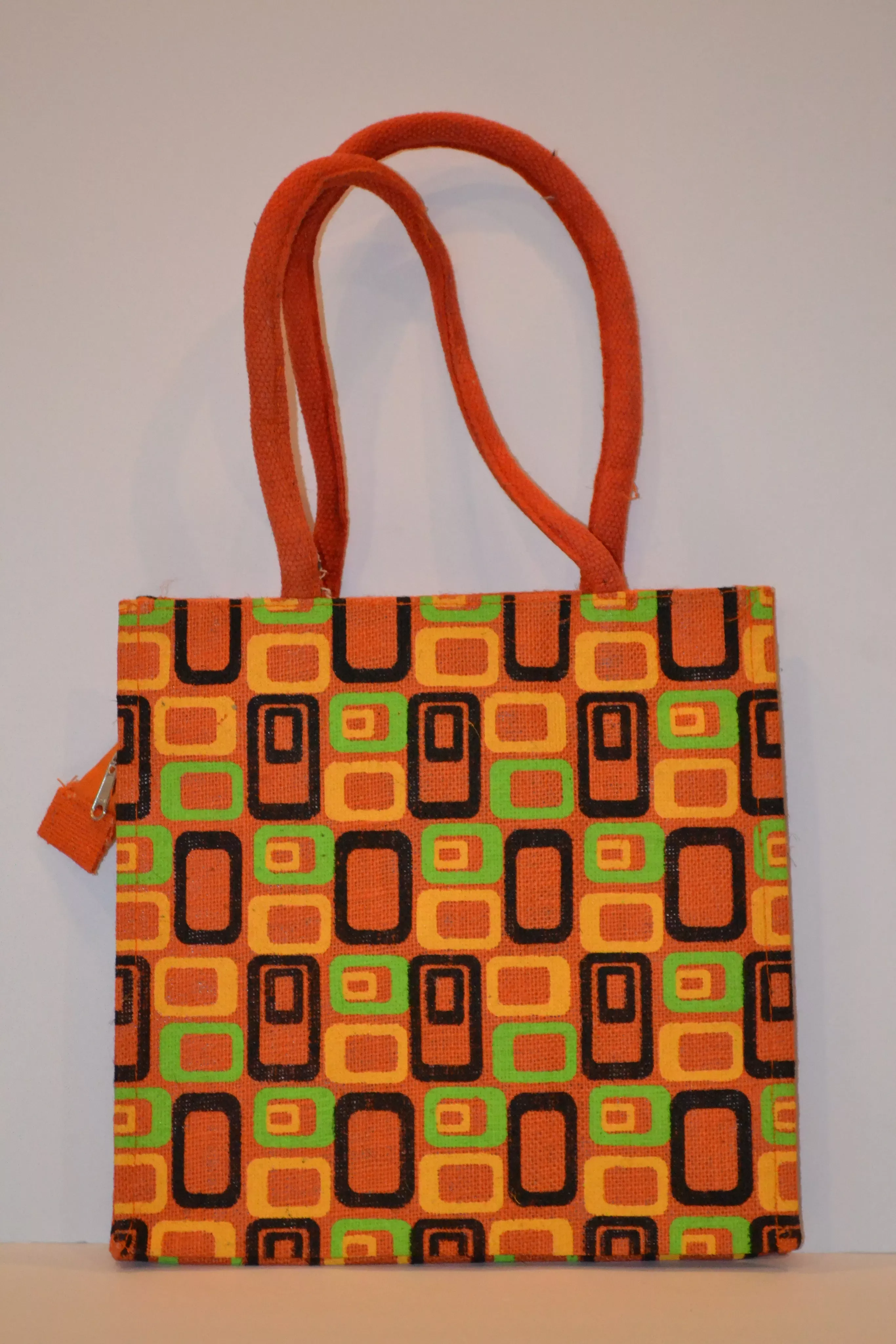 Multicolor Geometric Design Jute Handbag - Orange - Small Size