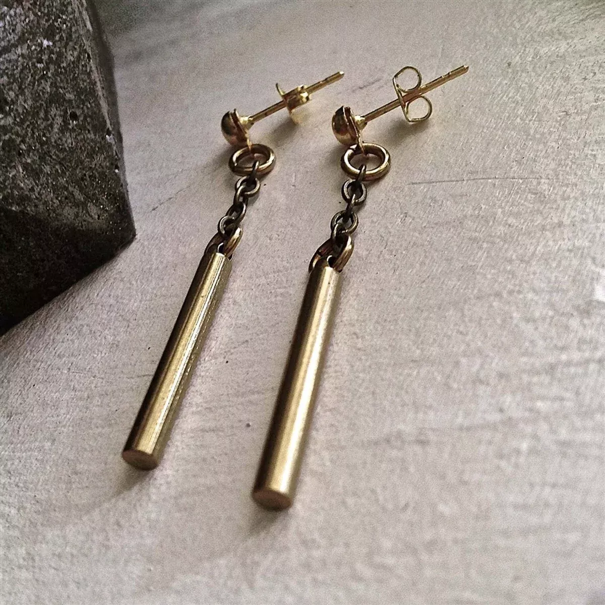 Nunchuks Raw Brass Drop Stud Earrings