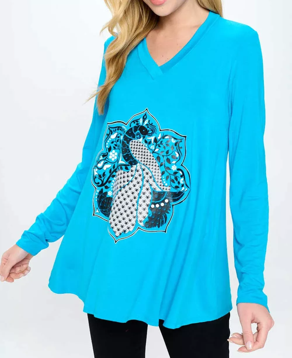 Peacock Lotus Mandala Tunic Tee, Made in USA