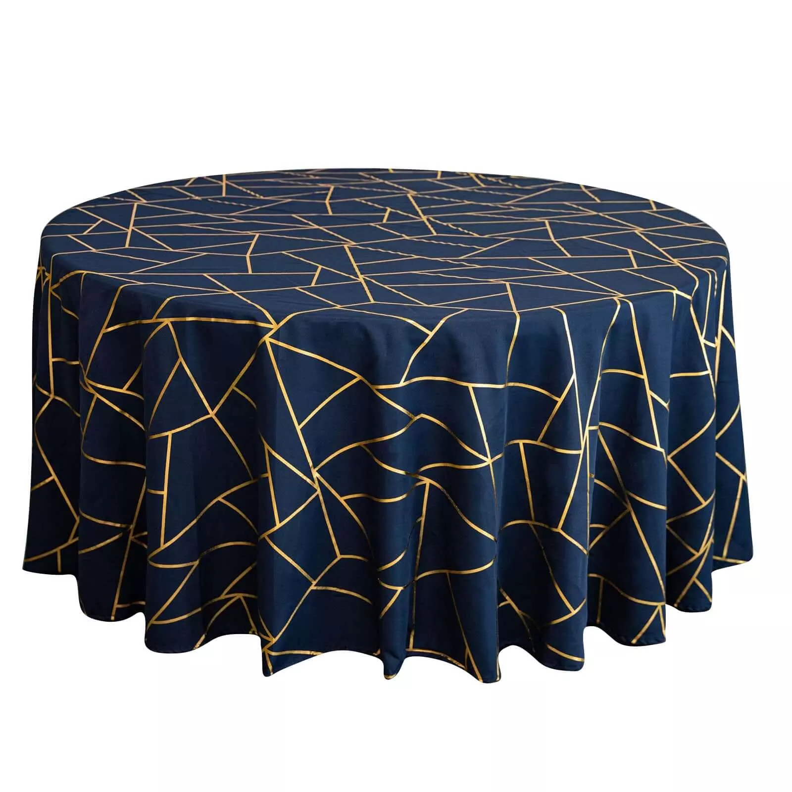 Polyester 120" Round Tablecloth Navy Blue with Gold Foil Geometric Pattern Wrinkle-Resistant Seamless Table Cover