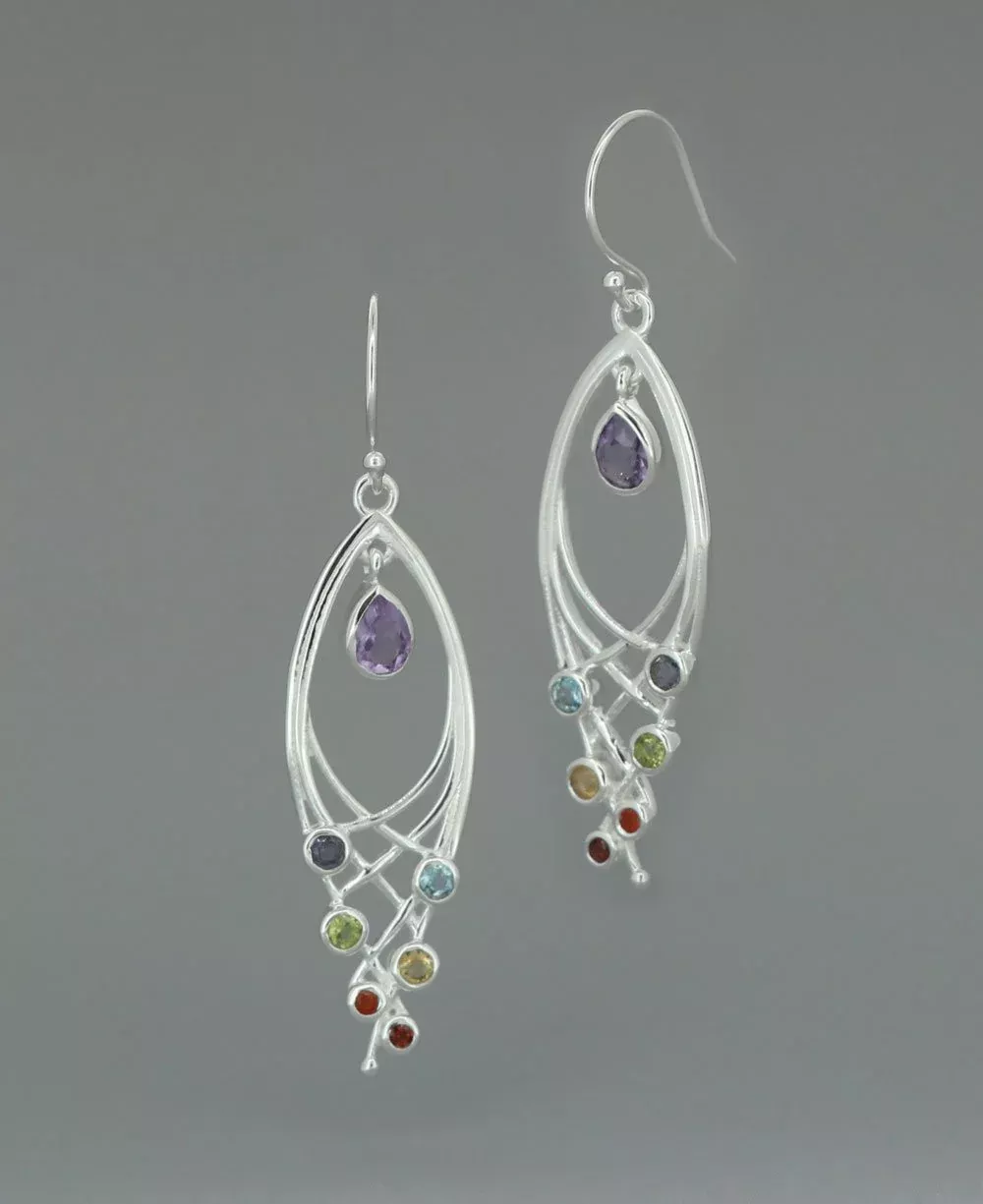 Premium Leaf Shaped Sterling Silver Chakra Gemstone Dangle Earrings