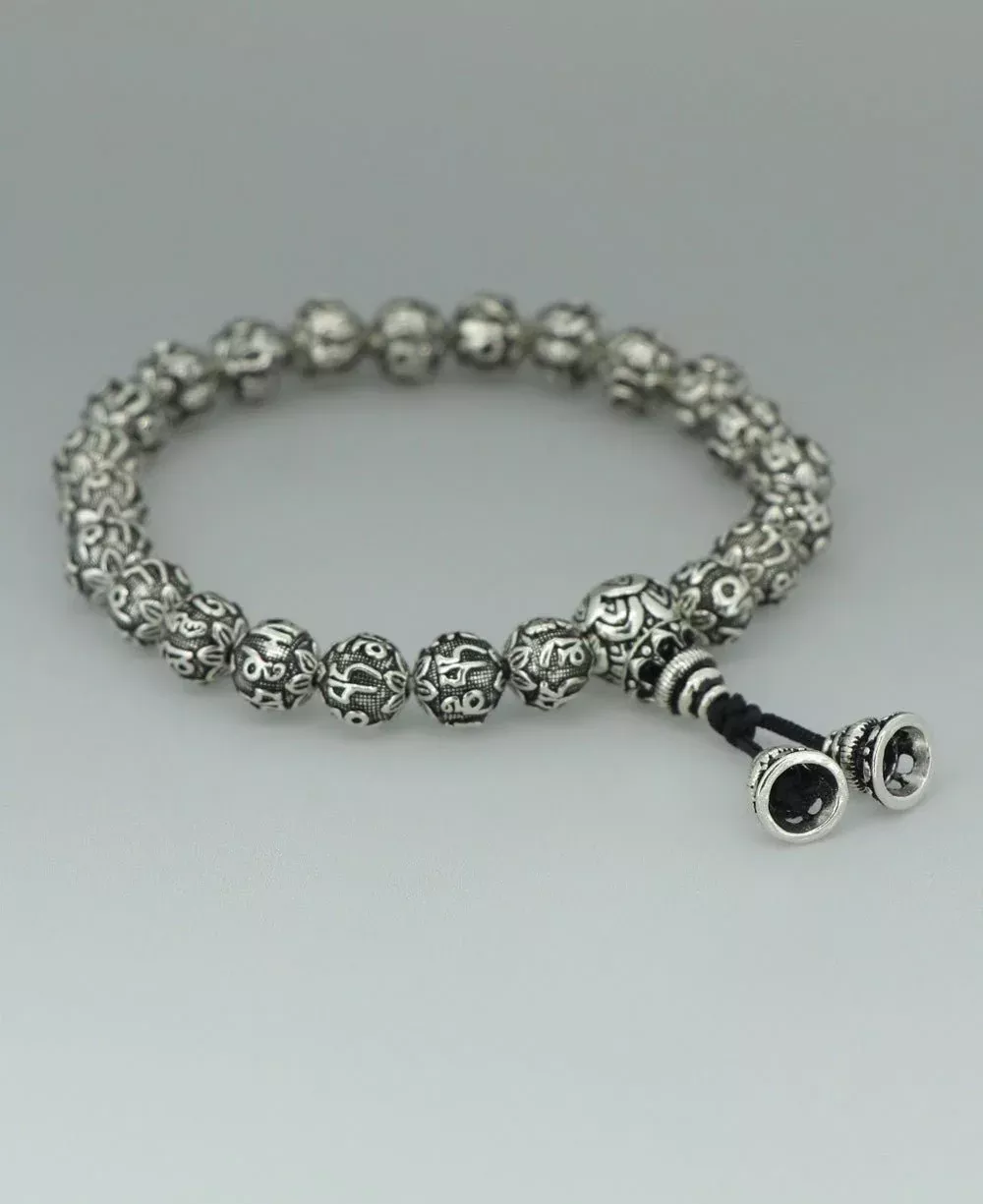 Premium Sterling Silver Om Mani Padme Hum Mantra Beads Women's Stretch Bracelet