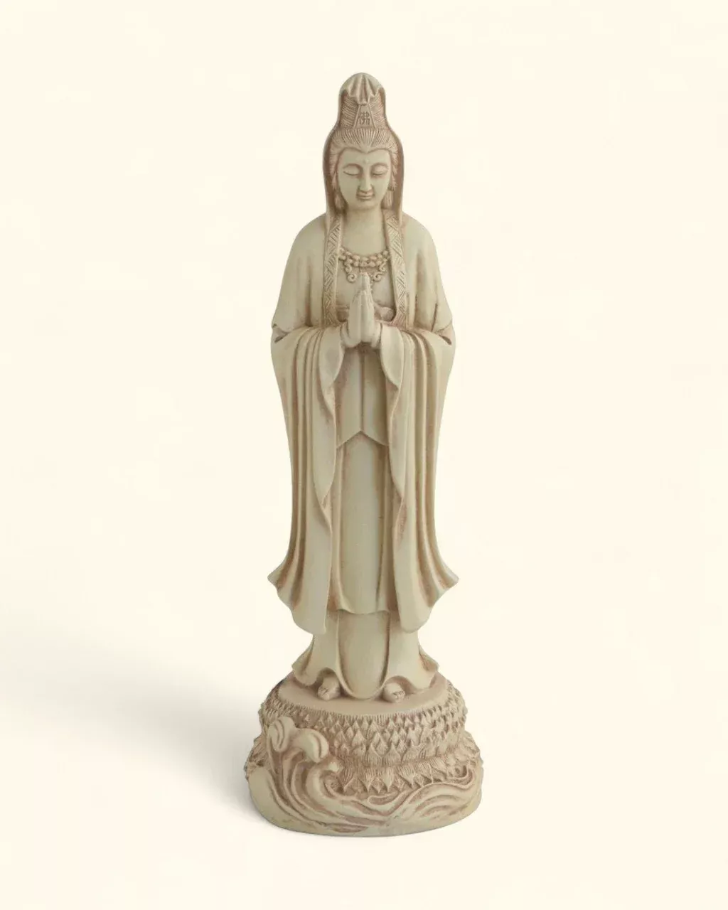 Serene Praying Kuan Yin Statue in Stone Finish